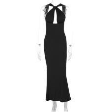 Sleeveless hollowed out backless pearl chain slim fit dress