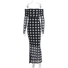 One shoulder long sleeved mesh slim fit polka dot long sleeved dress