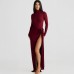 High neck backless long sleeved jumpsuit with sexy slit skirt set