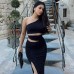 Slanted shoulder slim fit sexy hollow out spicy girl slit irregular dress