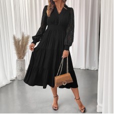 V-neck waist cinched lace long sleeved solid color dress for women