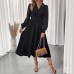 V-neck waist cinched lace long sleeved solid color dress for women