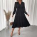 V-neck waist cinched lace long sleeved solid color dress for women