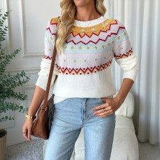 Casual ethnic style knitted sweater loose round neck Fer Island sweater for women