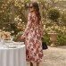 Vintage style elegant square neck printed long skirt dress
