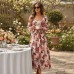Vintage style elegant square neck printed long skirt dress