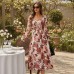 Vintage style elegant square neck printed long skirt dress