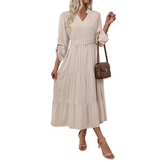 Stand up collar long sleeved solid color jumpsuit long skirt with belt