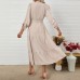 Stand up collar long sleeved solid color jumpsuit long skirt with belt
