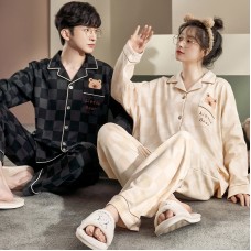 Two piece set of couple pajamas, lapel collar, couple home clothes