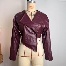 Open navel PU leather solid color casual jacket women's leather jacket