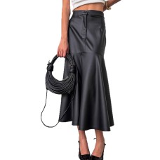 High waisted PU leather wrapped hip mid length skirt