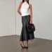 High waisted PU leather wrapped hip mid length skirt