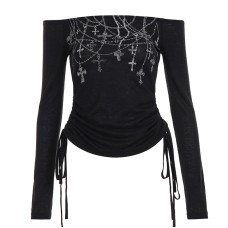 Printed one shoulder long sleeved mesh slim fit inner top for women