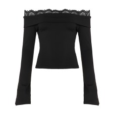 One shoulder spicy girl lace patchwork lapel slim fit long sleeved top for women One shoulder spicy girl lace patchwork lapel slim fit long sleeved top for women