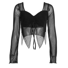 Umbilical mesh strap drawstring short long sleeved backless top