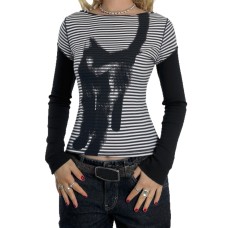 Fake two striped cat slimming color blocked long sleeved tops Fake two striped cat slimming color blocked long sleeved tops