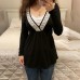 Fake two lace lace up versatile solid color long sleeved top