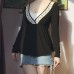 Fake two lace lace up versatile solid color long sleeved top