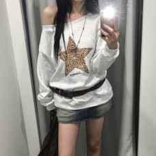 Leopard print star print slanted shoulder loose casual solid color hoodie