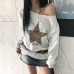 Leopard print star print slanted shoulder loose casual solid color hoodie