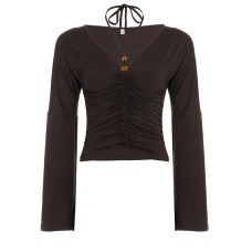 Retro beaded neck with flared sleeves and pleated waist cinching top