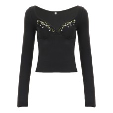 Embroidered sexy V-neck T-shirt slim fit long sleeved top for women Embroidered sexy V-neck T-shirt slim fit long sleeved top for women