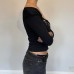 Embroidered sexy V-neck T-shirt slim fit long sleeved top for women