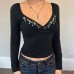 Embroidered sexy V-neck T-shirt slim fit long sleeved top for women