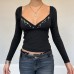 Embroidered sexy V-neck T-shirt slim fit long sleeved top for women