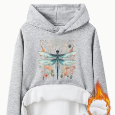 Kangaroo pocket hooded long sleeved with thick velvet and dragonfly print