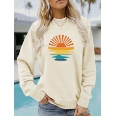 Long sleeved round neck sunrise print pullover sweatshirt sweatshirt Long sleeved round neck sunrise print pullover sweatshirt sweatshirt