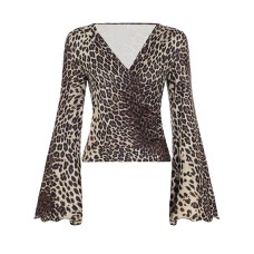 Leopard print element waist cinching micro horn T-shirt deep V top