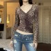 Leopard print element waist cinching micro horn T-shirt deep V top