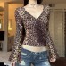 Leopard print element waist cinching micro horn T-shirt deep V top