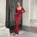 Round neck patchwork waist exposed solid color long dress
