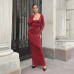 Round neck patchwork waist exposed solid color long dress