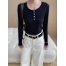 Fashionable Buttoned Half-Placket Round Neck Slim Fit Long Sleeve T-Shirt