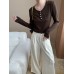 Fashionable Buttoned Half-Placket Round Neck Slim Fit Long Sleeve T-Shirt