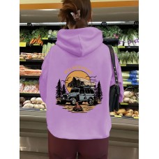 Pocket hooded long sleeved fleece sweatshirt WILDERNESS print