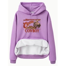 Hooded long sleeved fleece sweatshirt with western denim print