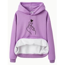 Pocket hooded long sleeved fleece hoodie top with heart print