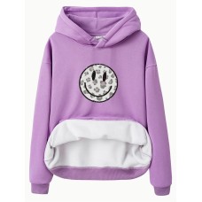 Hooded long sleeved fleece hoodie top with smiling face print