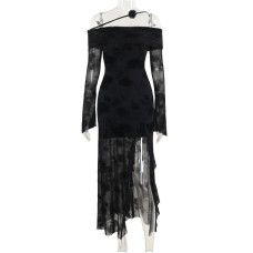 One shoulder sexy jacquard long sleeved dress for women