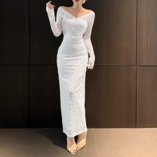 One shoulder lace waist cinched long sleeved dress for women