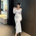 One shoulder lace waist cinched long sleeved dress for women