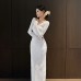 One shoulder lace waist cinched long sleeved dress for women
