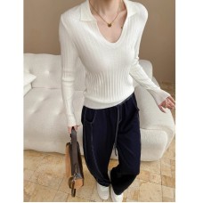 Smart Casual Daily Design U-Neck Slim Fit Ribbed Long Sleeve Knit Top