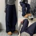 Dark Blue Soft Shell Cargo Pants Men Winter Fleece-Lined Windproof Hiking High-Waisted  Flared Wide-Leg Work Pants