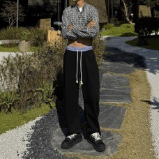 Faux Two-Piece Color-Blocking Checkered Patchwork Sweatpants Men's Autumn Winter Fleece-Lined Drapey High-End Straight Leg Athletic Pants